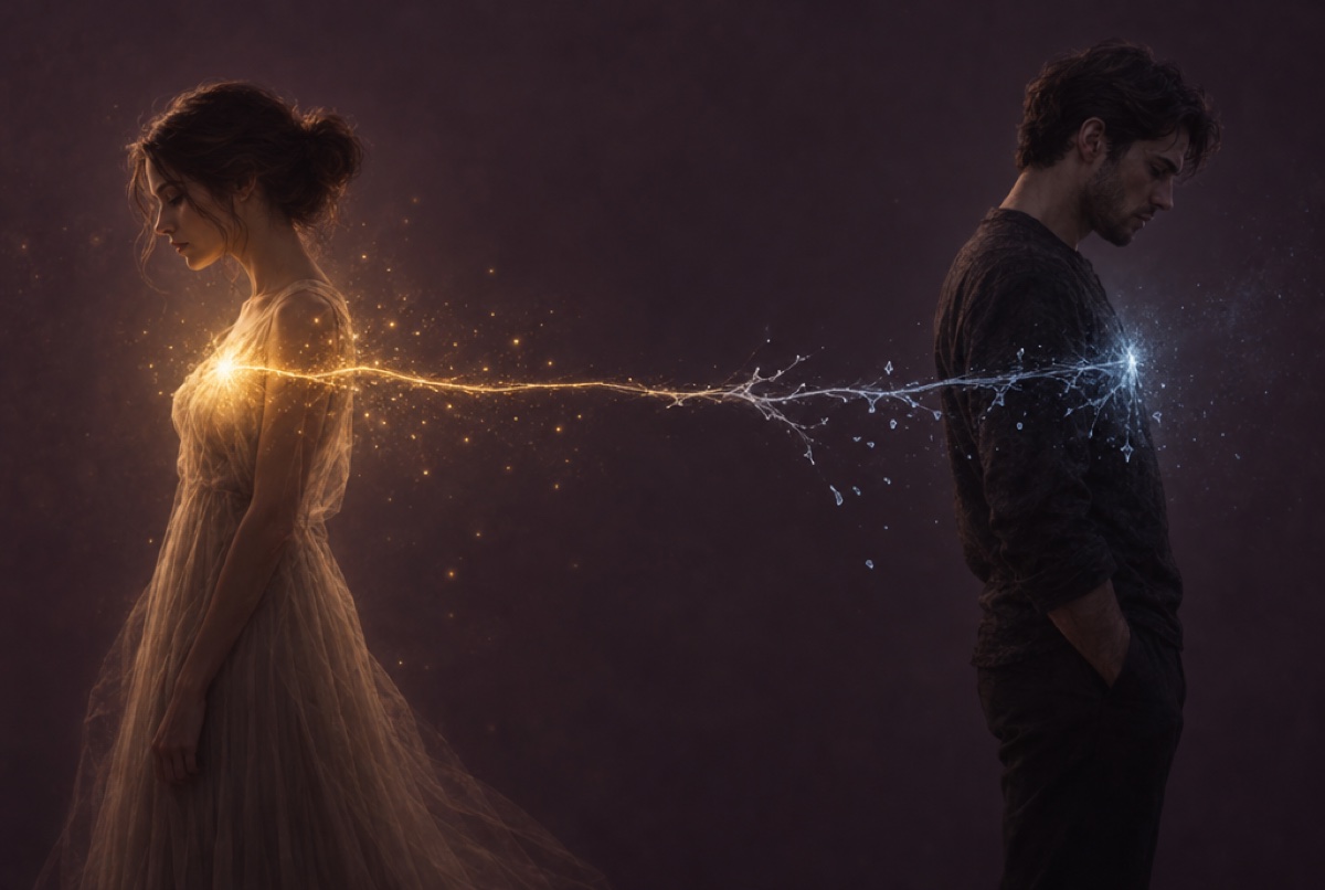 A thread of light between two people, warm on one side and frozen on the other