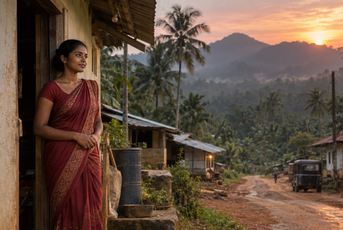 A young Sri Lankan woman at a village doorway at dusk