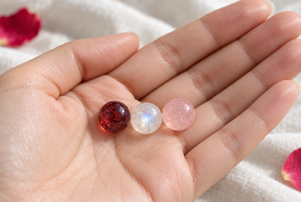 Garnet, moonstone and rose quartz held in an open palm