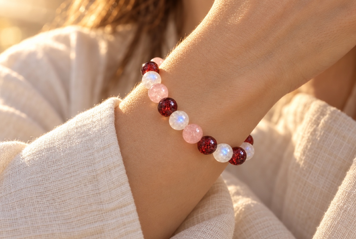 The three-stone bracelet worn at the left wrist in golden-hour light
