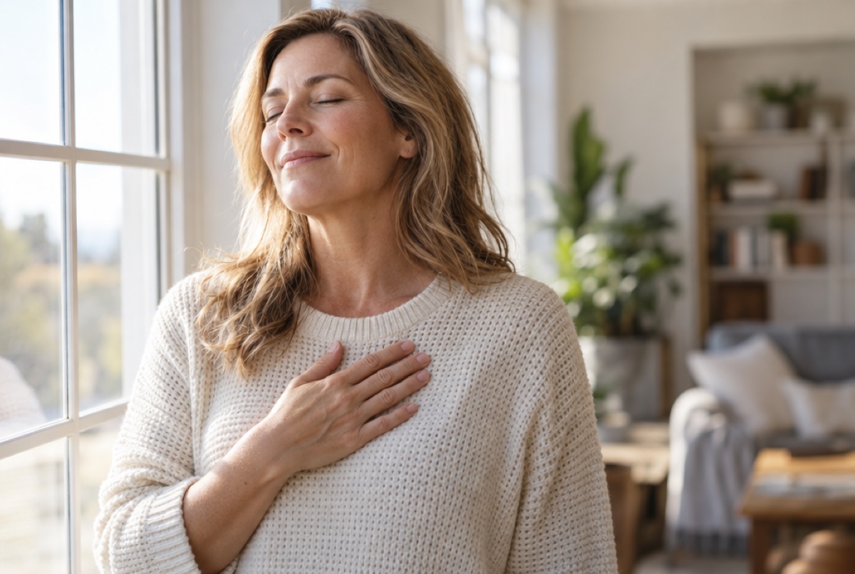 A woman by a window, one hand on her heart, at peace